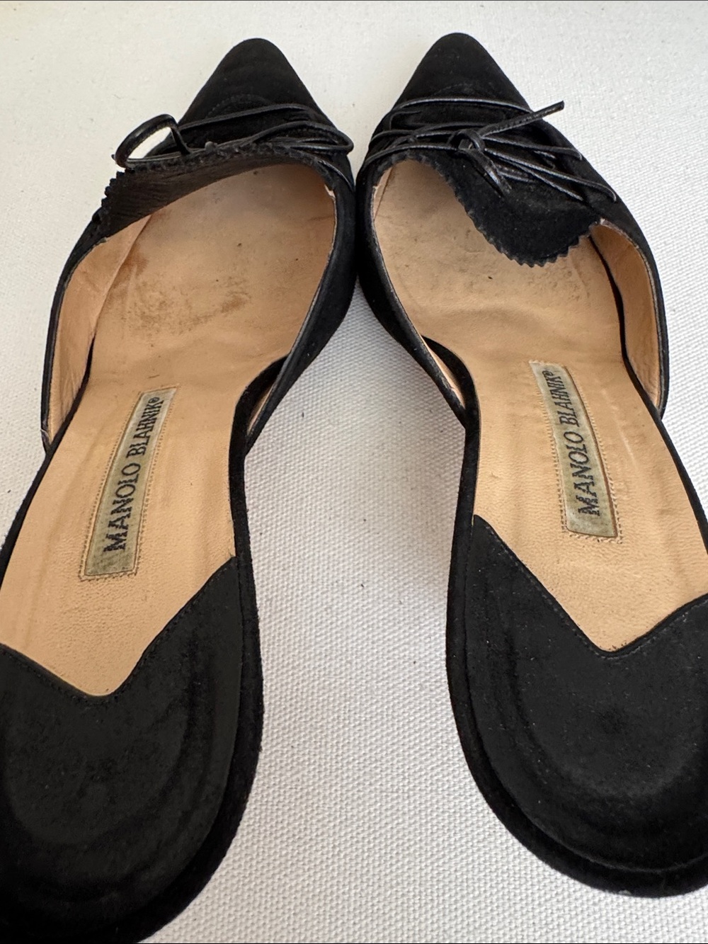 Manolo Blahnik Black Suede Lace Up Pointed Toe Kitten Heel Mules Y2K - Picture 7 of 9